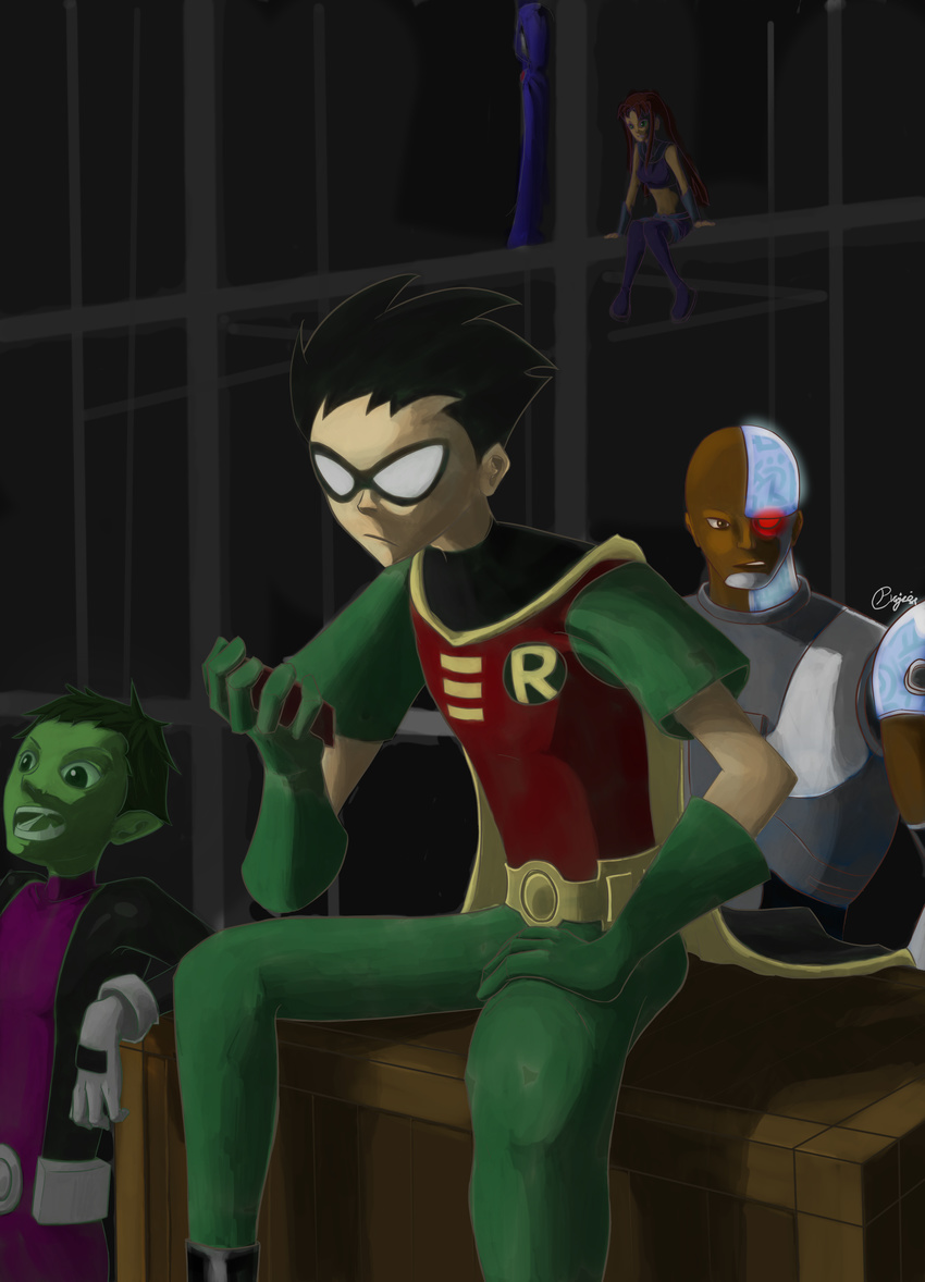 bald beast_boy_(dc) black_hair bodysuit cape cloak cyborg cyborg_(dc) dark_skin dc_comics dick_grayson domino_mask green_hair green_skin highres mask multiple_boys multiple_girls raven_(dc) red_hair robin_(dc) starfire teen_titans victor_stone