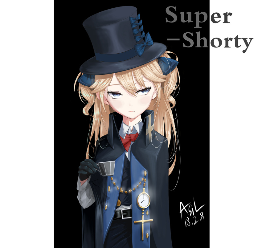 absurdres asil bad_id bad_pixiv_id belt belt_buckle black_gloves black_hat blonde_hair blue_bow blue_eyes blush bow bowtie buckle buttons chains character_name closed_mouth cloud collared_shirt cross cup dated female formal girls'_frontline gloves hair_between_eyes hairbow hat hat_bow head_tilt high_collar highres holding holding_cup long_hair long_sleeves looking_away own_hands_together pocket_watch red_bow road shirt sidelocks sign signature simple_background sleeve_cuffs solo street super-shorty_(girls'_frontline) teacup top_hat tsurime two_side_up watch white_gloves white_shirt