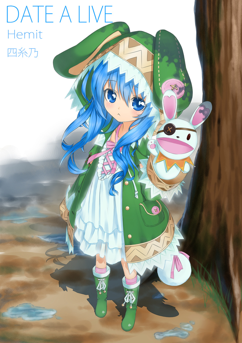 animal_ears animal_hood bad_id bad_pixiv_id blue_eyes blue_hair blush boots bow coat date_a_live english_text eyepatch female green_footwear hand_puppet highres hood long_hair looking_at_viewer neko7 photoshop_(medium) puddle puppet rabbit rabbit_ears solo stuffed_animal stuffed_rabbit stuffed_toy tree yoshino_(date_a_live) yoshinon