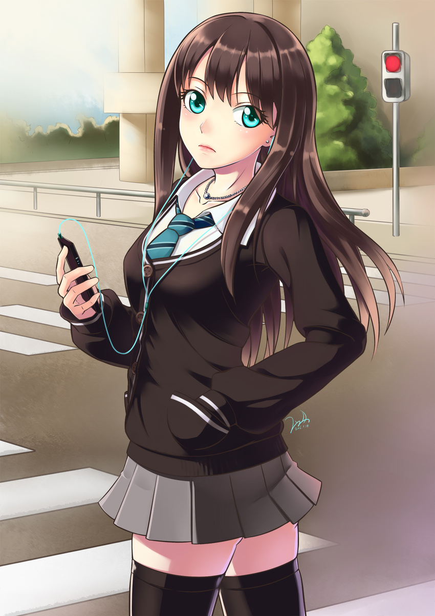 blue_eyes brown_hair commentary_request digital_media_player earphones female highres idolmaster idolmaster_cinderella_girls long_hair necktie photoshop_(medium) school_uniform shibuya_rin solo thighhighs tsuki_(s1ber)