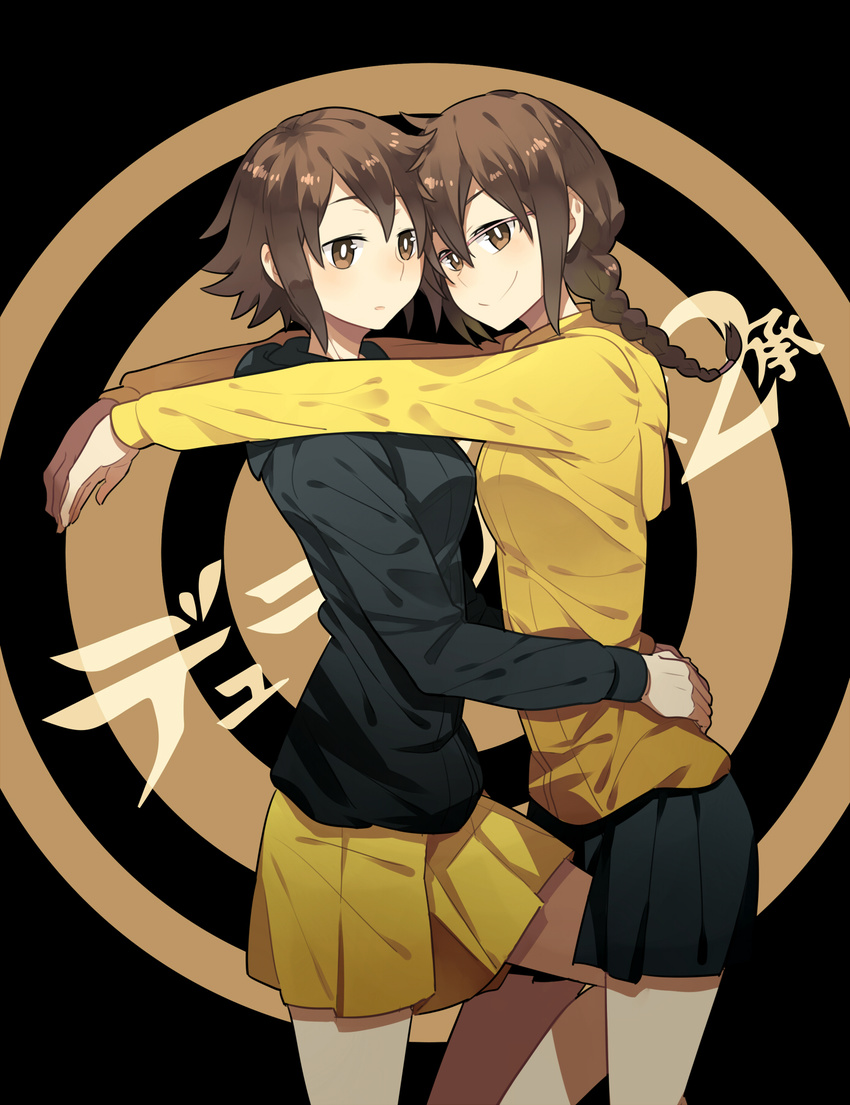 2girls braid brown_eyes brown_hair commentary_request durarara!! highres hug leg_between_thighs long_hair luo. multiple_girls orihara_kururi orihara_mairu short_hair siblings sisters twins yuri