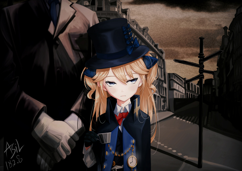 1boy absurdres asil bad_id bad_pixiv_id belt belt_buckle black_gloves black_hat blonde_hair blue_bow blue_eyes blue_neckwear blush bow bowtie buckle building buttons chains chinese_commentary cityscape closed_mouth cloud cloudy_sky collared_shirt commentary_request cross cup dated female formal girls'_frontline gloves hair_between_eyes hairbow hat hat_bow head_tilt high_collar highres holding holding_cup intersection jacket long_hair long_sleeves looking_away necktie own_hands_together pocket_watch red_bow road road_sign shirt sidelocks sign signature sky sleeve_cuffs street suit suit_jacket super-shorty_(girls'_frontline) teacup top_hat tsurime two_side_up watch white_gloves white_shirt