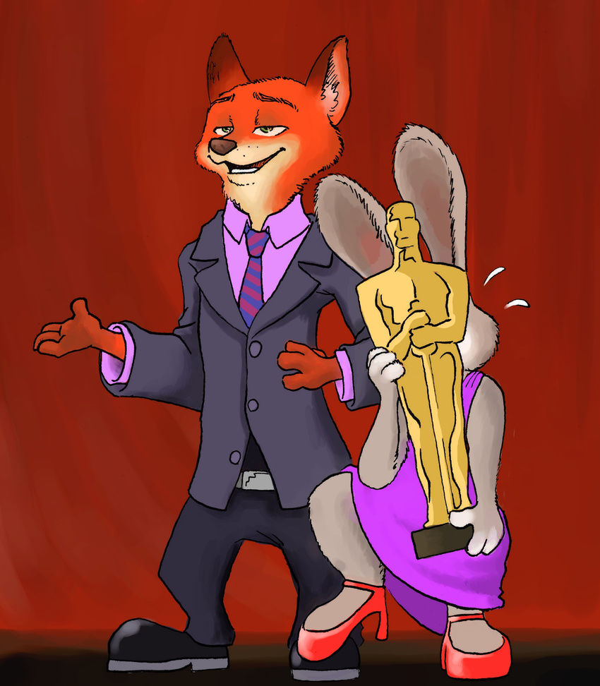 2017 4_fingers academy_awards anthro award bomberhead67 canid canine clothed clothing disney duo female fingers fox fur hi_res holding_award holding_object holding_oscar_statuette judy_hopps lagomorph larger_male leporid male mammal nick_wilde oscar_statuette rabbit red_fox size_difference smaller_female true_fox zootopia