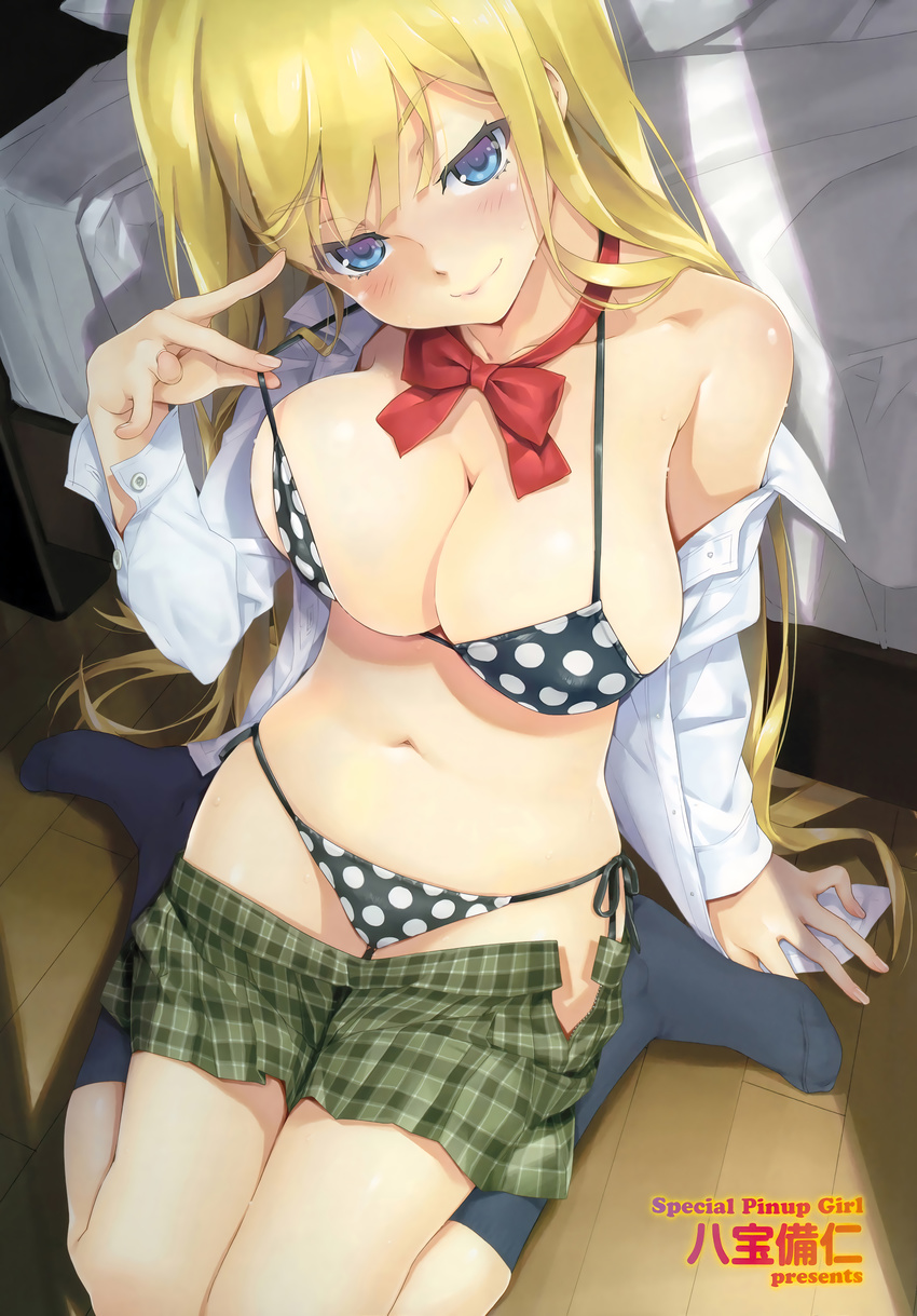 absurdres arm_support bed bedroom belly bikini bikini_under_clothes black_bikini black_socks blonde_hair blue_eyes blush bow bowtie breasts buttoned_cuffs buttons cleavage closed_mouth clothes_pull collarbone collared_shirt dress_shirt duplicate female from_above green_skirt half-closed_eyes hand_up happoubi_jin head_tilt highres indoors kneehighs large_breasts long_hair long_sleeves looking_at_viewer miniskirt navel no_shoes off_shoulder on_floor open_clothes open_cuffs open_shirt open_skirt original pixel-perfect_duplicate plaid plaid_skirt pleated_skirt polka_dot polka_dot_bikini red_bow red_bowtie scan seductive_smile shirt side-tie_bikini_bottom sitting skirt skirt_pull smile socks solo spread_fingers strap_pull surgeon_cuffs sweat swimsuit toe_seam unzipped very_long_hair wariza white_shirt wing_collar