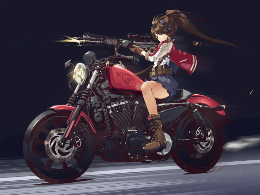 afterimage assault_rifle black_background blue_eyes blue_skirt boots brown_footwear brown_gloves brown_hair brown_ribbon closed_mouth commentary_request cross-laced_footwear ear_protection female firing gloves gun hair_ribbon harley_davidson harley_davidson_iron_883 highres holding holding_gun holding_weapon howa_type_89 jacket kankurou lace-up_boots letterman_jacket light long_hair long_sleeves looking_away motion_blur motor_vehicle motorcycle muzzle_flash on_motorcycle one_eye_closed open_clothes open_jacket original photoshop_(medium) pleated_skirt ponytail recoil red_jacket ribbon riding rifle scope shell_casing sitting skirt smoke solo vehicle_focus vehicle_request very_long_hair weapon