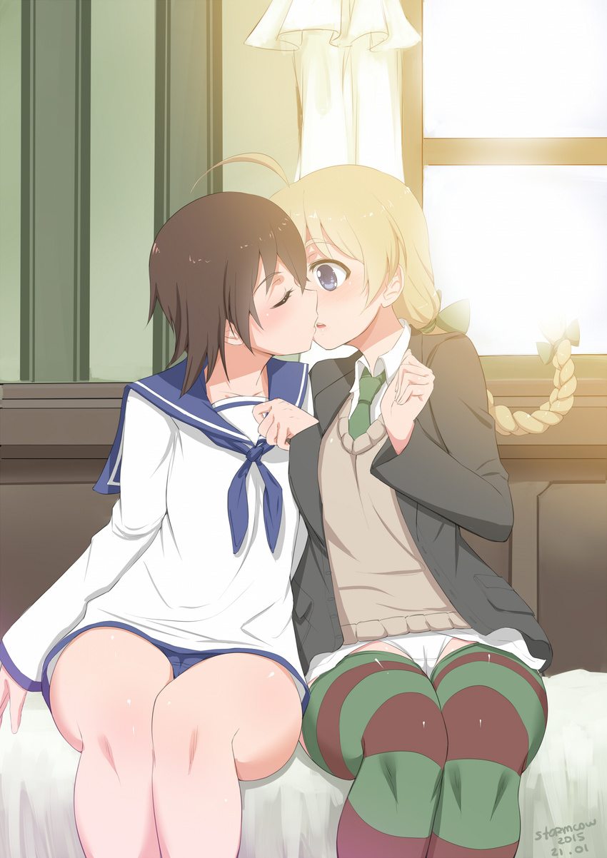 2girls ahoge artist_name backlighting bad_id bad_pixiv_id blonde_hair blue_eyes braid brown_hair closed_eyes collarbone commission commissioner_upload dated highres imminent_kiss indoors lynette_bishop miyafuji_yoshika multicolored_clothes multicolored_legwear multiple_girls necktie open_mouth panties school_uniform short_hair single_braid sitting stormcow strike_witches striped_clothes striped_thighhighs thighhighs underwear white_panties window world_witches_series yuri