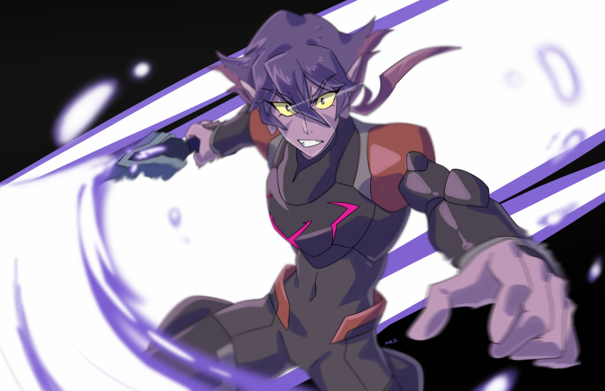 absurdres alien black_hair colored_sclera colored_skin commentary english_commentary facial_mark female grey_eyes highres holding holding_sword holding_weapon krolia mikkusushi multicolored_hair pointy_ears purple_eyes purple_hair purple_skin sword two-tone_hair voltron:_legendary_defender voltron_(series) weapon yellow_sclera