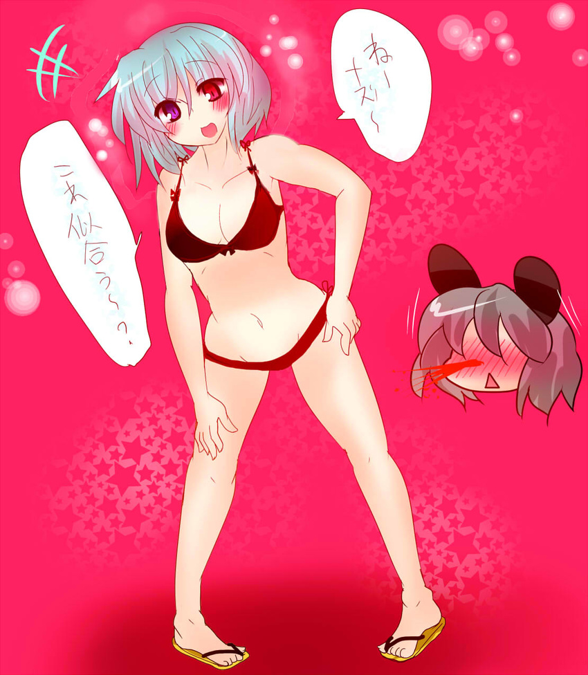 2girls :d animal_ears bikini black_bikini blood blue_eyes blue_hair breasts bush buuwa cleavage commentary flip-flops full_body heterochromia highres looking_at_viewer mouse_ears mouse_girl multiple_girls navel nazrin nosebleed open_mouth red_eyes sandals short_hair smile stomach swimsuit tatara_kogasa touhou translated