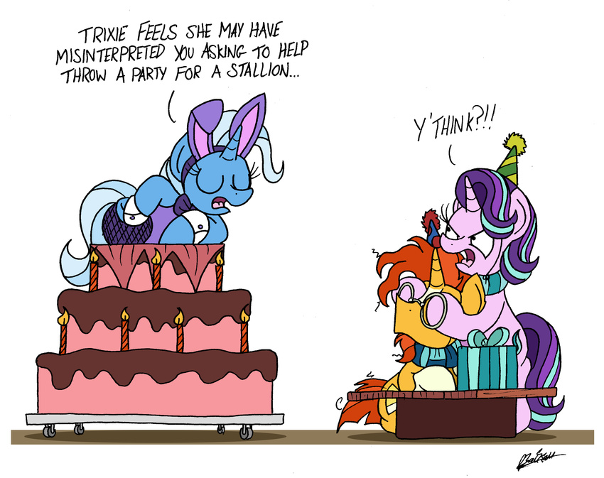 2017 blaze_(marking) bobthedalek bunny_costume cake candle clothed clothing costume dessert dialogue english_text equid equine eyewear facial_markings female feral food friendship_is_magic gift glasses group hair hasbro head_markings hi_res horn humor mammal markings multicolored_hair my_little_pony mythological_creature mythological_equine mythology pop_out_cake simple_background starlight_glimmer_(mlp) sunburst_(mlp) text trixie_(mlp) two_tone_hair unicorn white_background white_markings