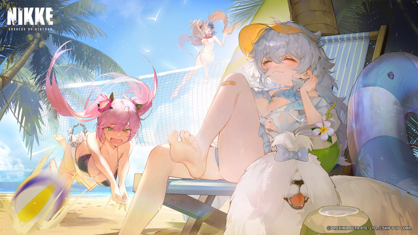 3girls a.c.p.u._(nikke) artist_request ball bandaid bandaid_on_knee bandaid_on_leg beach beach_volleyball bikini blush breasts brown_hair canine cavehuuu coconut coconut_cup day drinking_straw fruit_cup goddess_of_victory:_nikke green_eyes hair_ornament hat highres jumping large_breasts long_hair miranda_(nikke) multiple_girls navel neckerchief net oerba_yun_fang open_mouth outdoors palm_tree pink_hair playing_sports poli_(nikke) police police_uniform policewoman quiry_(nikke) sailor_collar sand small_breasts smile swimsuit tree twintails uniform very_long_hair volleyball volleyball_(object) volleyball_net white_hair