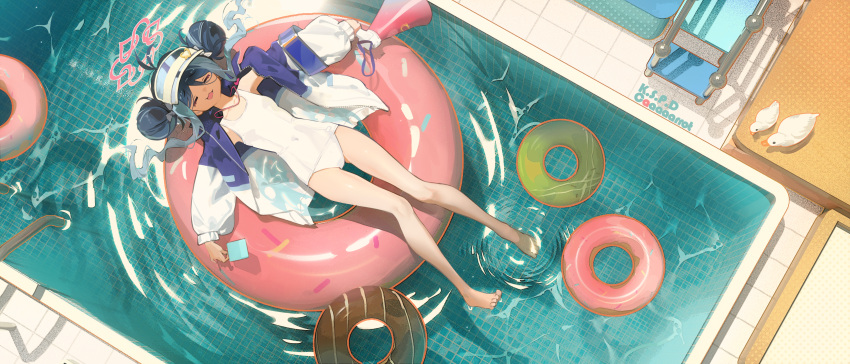 :3 absurdres artist_name bird blue_archive blue_hair closed_eyes commentary covered_navel double_bun doughnut_innertube duck dutch_angle facing_viewer female food from_above fubuki_(blue_archive) fubuki_(swimsuit)_(blue_archive) full_body hair_bun halo highres holding holding_food holding_megaphone holding_popsicle jacket lying megaphone official_alternate_costume on_back one-piece_swimsuit open_clothes open_jacket pink_halo pool pool_ladder popsicle ripples school_swimsuit shadow sidelocks solo swim_ring swimsuit tile_floor tiles toto_(caaaaarrot) visor_cap water whistle whistle_around_neck white_bird white_jacket white_one-piece_swimsuit