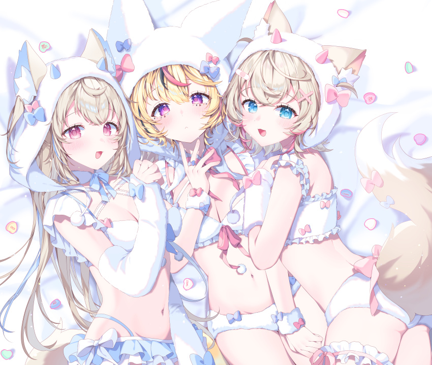 3girls :3 :d absurdres alternate_costume animal_ear_fluff animal_ears arm_strap arm_warmers ass back_bow bandaid bandaid_hair_ornament bed_sheet black_hair blonde_hair blue_eyes blue_hair blue_panties blush bow bowtie bra breasts choker cleavage colored_inner_hair commentary_request criss-cross_halter crossed_bangs dog_ears dog_girl dog_tail double-parted_bangs facial_mark fake_horns fox_ears fox_girl fox_tail frilled_bra frilled_skirt frills fur_bra fur_choker fur_hairband fur_hood fur_panties fur_wrist_cuffs fuwawa_abyssgard hair_between_eyes hair_ornament hairband hairclip halterneck hand_up heart heart-shaped_pupils highleg highleg_panties highres hololive hololive_english hood hood_up horns kio_is_here knees_out_of_frame long_hair looking_at_viewer lying median_furrow medium_breasts microskirt miniskirt mococo_abyssgard multi-strapped_bra multicolored_hair multiple_girls navel omaru_polka on_back on_stomach panties pink_bow pink_bowtie pink_eyes pink_hair pom_pom_(clothes) purple_eyes short_hair siblings sisters skirt smile stomach streaked_hair symbol-shaped_pupils tail tail_bow tail_ornament twins two_side_up underwear underwear_only virtual_youtuber waist_bow white_arm_warmers white_bow white_bra white_choker white_hairband white_hood white_panties x_hair_ornament