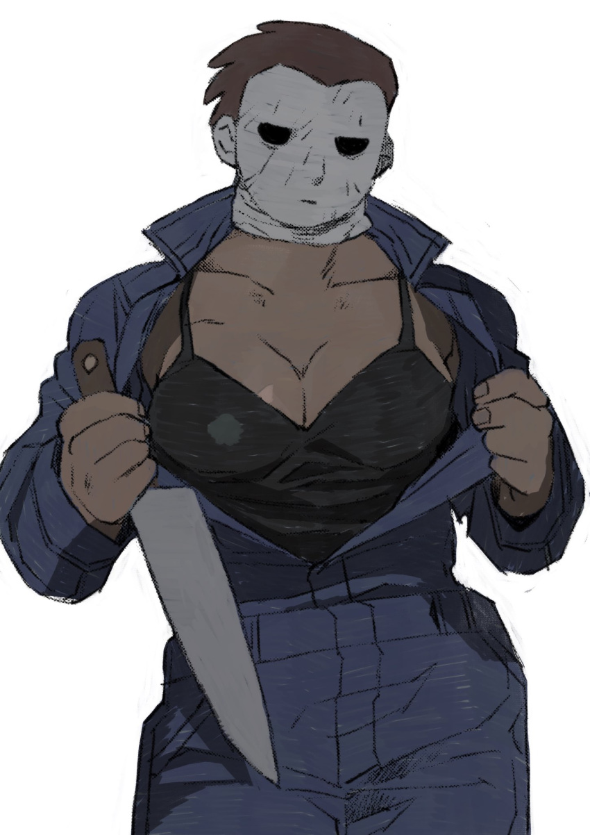 breasts cleavage commentary_request dark-skinned_female dark_skin female genderswap_(mtf) halloween_(movie) highres holding holding_knife jumpsuit knife large_breasts long_sleeves mask michael_myers open_jumpsuit rule_63 sakakikaga solo tank_top