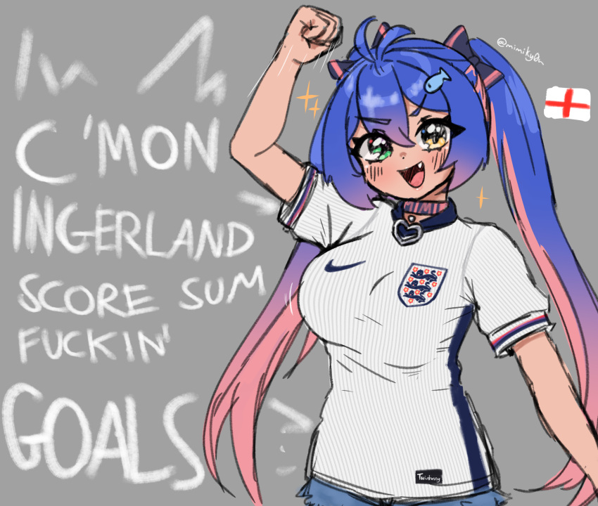 antenna_hair arms_up blue_hair blush bouncing_breasts bow breasts choker clenched_hand england english_commentary english_flag english_text euro_2024 female fish_hair_ornament green_eyes grey_background hair_between_eyes hair_ornament hairbow heart heart_choker heterochromia highres large_breasts meme mimiky0u motion_lines multicolored_hair nike_(company) oerba_yun_fang open_mouth original pink_hair raised_fist shirt short_sleeves sidelocks simple_background smile soccer_uniform solo sparkle sportswear standing twintails twitter_username white_shirt yellow_eyes