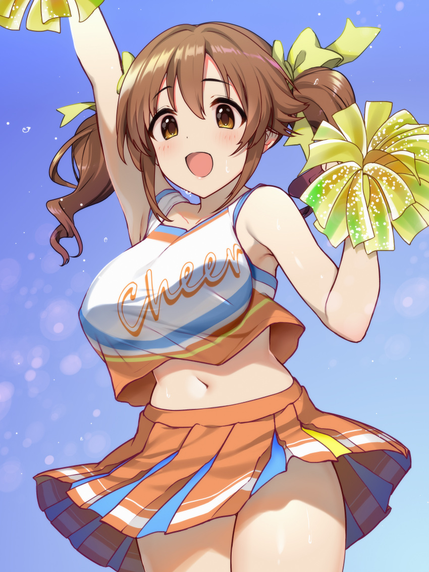 absurdres arm_up armpit_peek bare_shoulders blue_sky blush breasts brown_eyes brown_hair cheerleader clothes_writing commentary_request cowboy_shot crop_top cropped_shirt female hair_between_eyes highres holding holding_pom_poms idolmaster idolmaster_cinderella_girls large_breasts light_blush looking_ahead natsuya_(natuya777) open_mouth orange_skirt pleated_skirt pom_pom_(cheerleading) shirt skirt sky sleeveless sleeveless_shirt smile solo sweat sweatdrop thighs totoki_airi twintails white_shirt