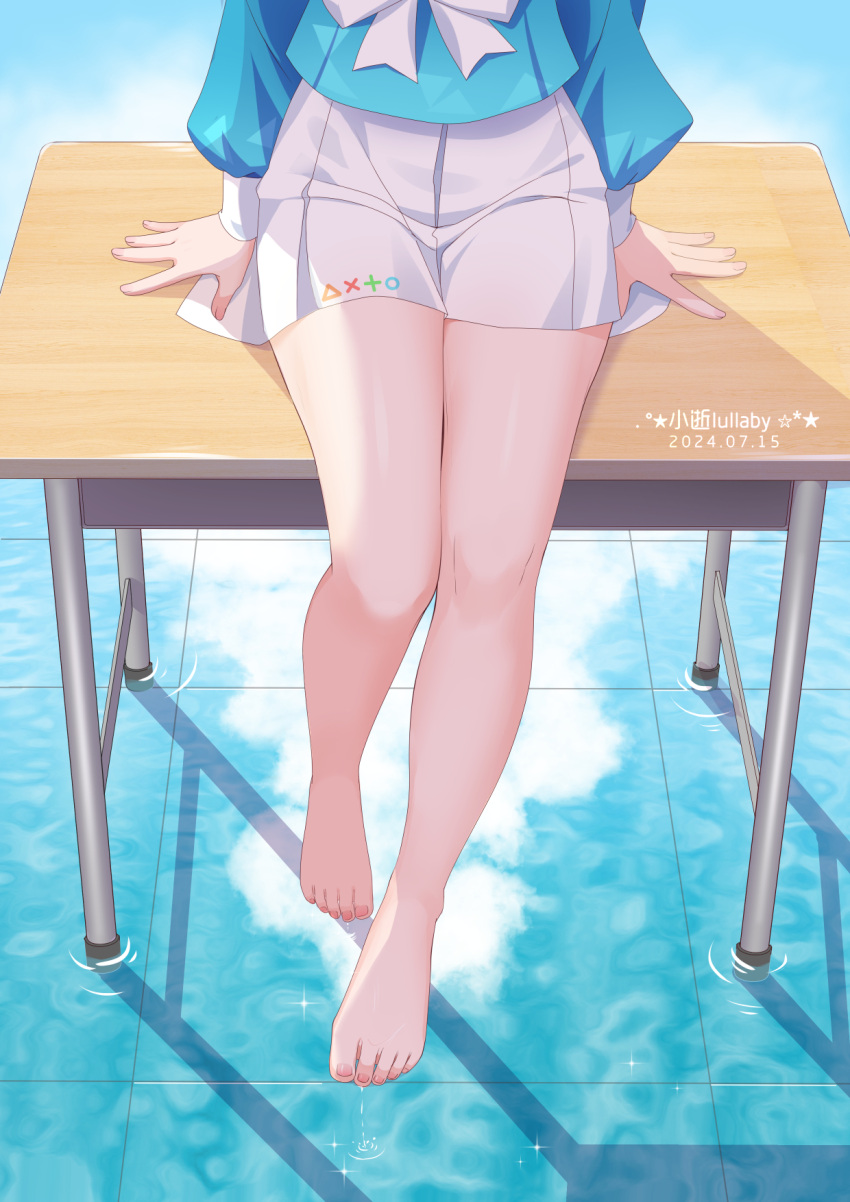 arm_support arona_(blue_archive) artist_name bare_legs barefoot blue_archive blue_shirt chinese_commentary commentary_request dated desk feet female highres long_sleeves lower_body nail_polish neck_ribbon on_desk pleated_skirt reflection reflective_floor reflective_water ribbon school_desk school_uniform serafuku shirt sitting skirt solo toenail_polish toenails toes water white_ribbon white_skirt xiao_shi_lullaby