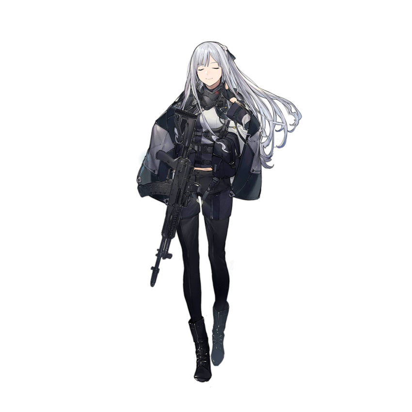 ak-12 ak-12_(girls'_frontline) ankle_boots assault_rifle bag belt black_footwear black_gloves black_jacket black_pants boots braid breasts closed_eyes closed_mouth collar duoyuanjun facing_viewer female full_body girls'_frontline gloves gun highres jacket jacket_on_shoulders kalashnikov_rifle long_hair long_sleeves medium_breasts official_art open_clothes open_jacket pale_skin pants rifle shadow simple_background smile solo straight_hair tachi-e third-party_source transparent_background underbust walking weapon white_hair