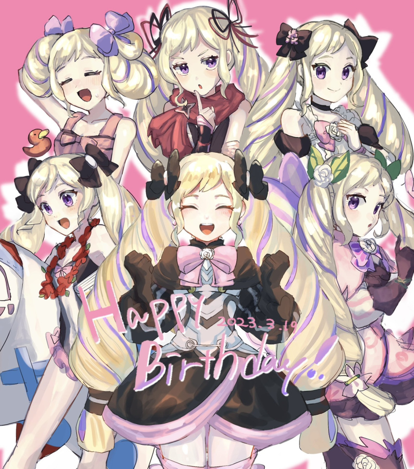 6+girls :o bare_shoulders black_bow black_dress black_gloves blonde_hair bow closed_mouth dated dress drill_hair earrings elise_(fire_emblem) elise_(hostile_springs)_(fire_emblem) elise_(ninja)_(fire_emblem) elise_(resplendent)_(fire_emblem) elise_(summer)_(fire_emblem) elise_(valentine)_(fire_emblem) facing_viewer fire_emblem fire_emblem_fates fire_emblem_heroes gloves hairbow happy_birthday highres holding_floatie index_finger_raised inflatable_toy jewelry leon0630claude lilith_(fire_emblem) long_hair looking_at_viewer multicolored_hair multiple_girls multiple_persona official_alternate_costume one-piece_swimsuit open_mouth pink_background pink_bow pink_dress purple_bow purple_hair red_scarf scarf smile swimsuit twin_drills two-tone_hair very_long_hair