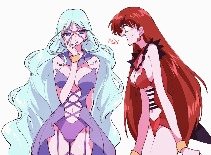 2girls bishoujo_senshi_sailor_moon bishoujo_senshi_sailor_moon_stars blue_eyes blue_hair breasts commentary cross-laced_clothes cross-laced_dress earrings garter_straps high-low_skirt highres jewelry leotard long_hair looking_at_another looking_at_viewer multiple_girls navel orange_wristband pochi_(askas_is_god) profile purple_skirt red_hair red_leotard sailor_aluminum_seiren sailor_lead_crow simple_background skirt standing star_(symbol) star_earrings very_long_hair white_background