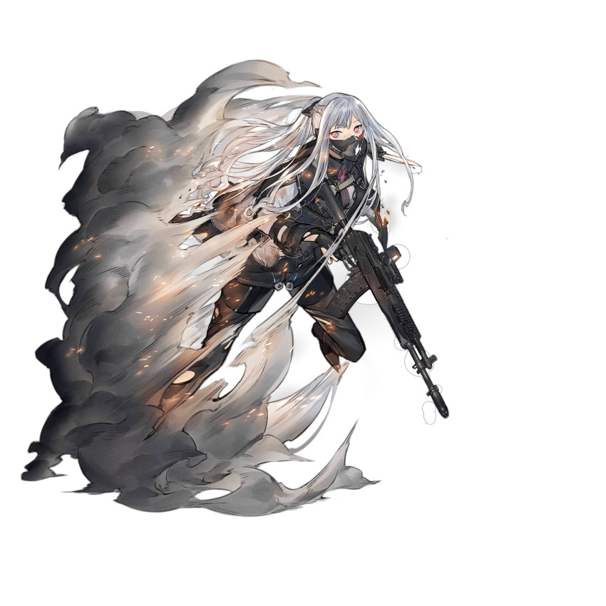 ak-12 ak-12_(girls'_frontline) artificial_eye ashes assault_rifle black_gloves black_pants braid burnt_clothes duoyuanjun female full_body girls'_frontline gloves glowing glowing_eye glowing_eyes gun highres holding holding_gun holding_weapon kalashnikov_rifle knife leg_up logo long_hair long_sleeves looking_at_viewer mask mechanical_eye mouth_mask official_art pants partially_fingerless_gloves ponytail rifle scope shiny_skin simple_background smoke solo third-party_source torn_clothes torn_pants transparent_background trigger_discipline tsurime unusually_open_eyes weapon white_hair