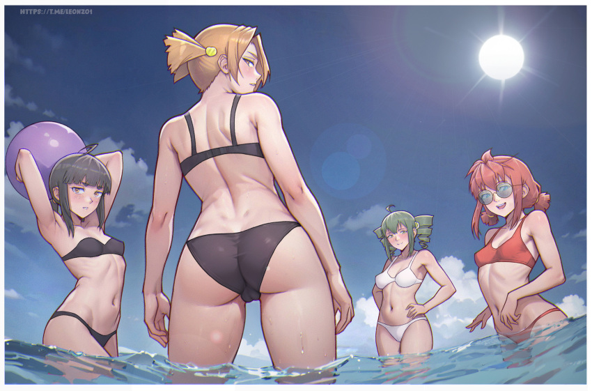 4girls absurdres ahoge ass bag ball beachball bikini black_bikini black_hair blue_eyes breasts carrying_overhead chromatic_aberration commentary dimples_of_venus drill_hair dvach-tan english_commentary everlasting_summer evi_(leonzo) gloomy_(leonzo030) green_eyes green_hair hands_on_own_hips highres holding holding_ball holding_beachball lens_flare leonzo medium_breasts multiple_girls navel open_mouth orange_eyes orange_hair original red_bikini red_hair ribs round_eyewear short_twintails shoulder_blades small_breasts smile strapless strapless_bikini sun sunglasses swimsuit twin_drills twintails ussr-tan wading white_bikini