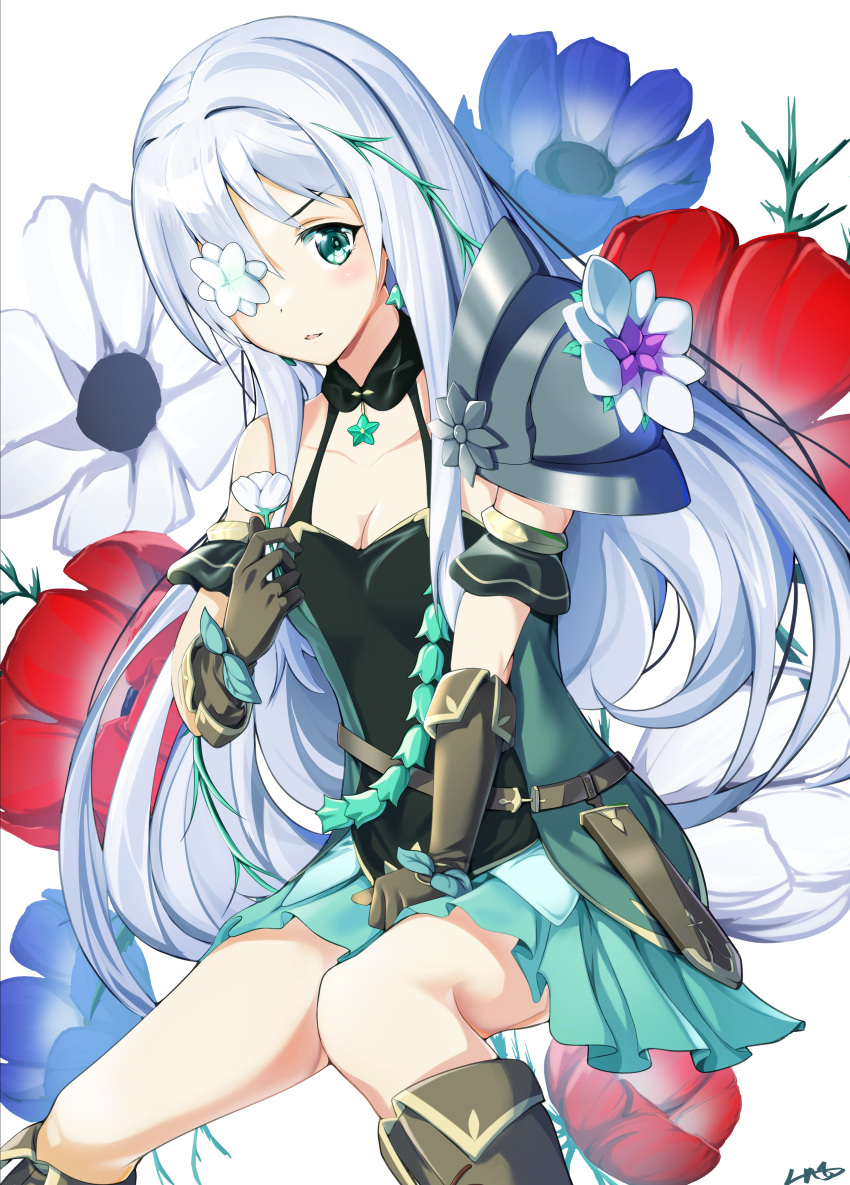 absurdres anemone_(flower) anemone_(princess_connect!) armor belt between_legs black_collar breasts brown_belt brown_gloves choker cleavage collar detached_collar dress feathermage female flower flower_eyepatch flower_over_eye gloves green_dress green_eyes green_skirt grey_flower hand_between_legs highres holding holding_flower long_hair pauldrons princess_connect! scabbard sheath shoulder_armor single_pauldron skirt small_breasts solo star_(symbol) star_choker straight_hair very_long_hair white_hair