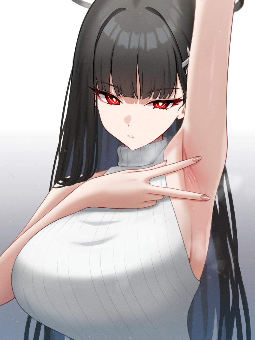 absurdres armpit_crease armpits arms_up black_hair black_halo blue_archive blunt_bangs bright_pupils female halo highres long_hair looking_at_viewer mijikayo rio_(blue_archive) sleeveless sleeveless_turtleneck solo solo_focus sweater turtleneck upper_body v white_pupils white_sweater