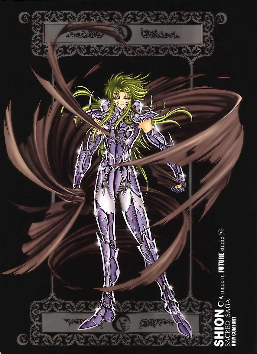 1boy aries_shion armor character_name english_text future_studio_(artist) green_hair highres lens_flare long_hair looking_at_viewer male_focus official_art pink_eyes saint_seiya solo