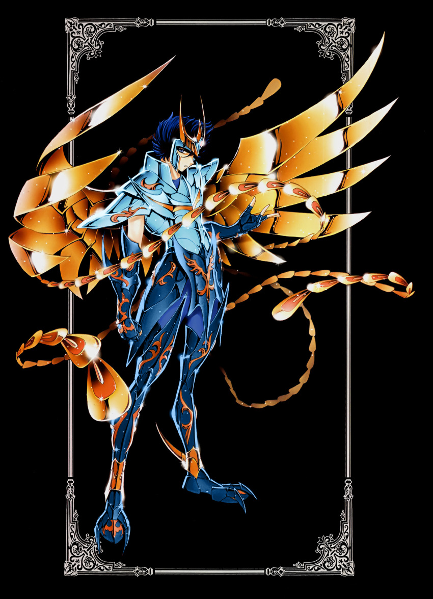 1boy armor blue_eyes blue_hair future_studio_(artist) highres male_focus phoenix_ikki photoshop_(medium) saint_seiya solo wings