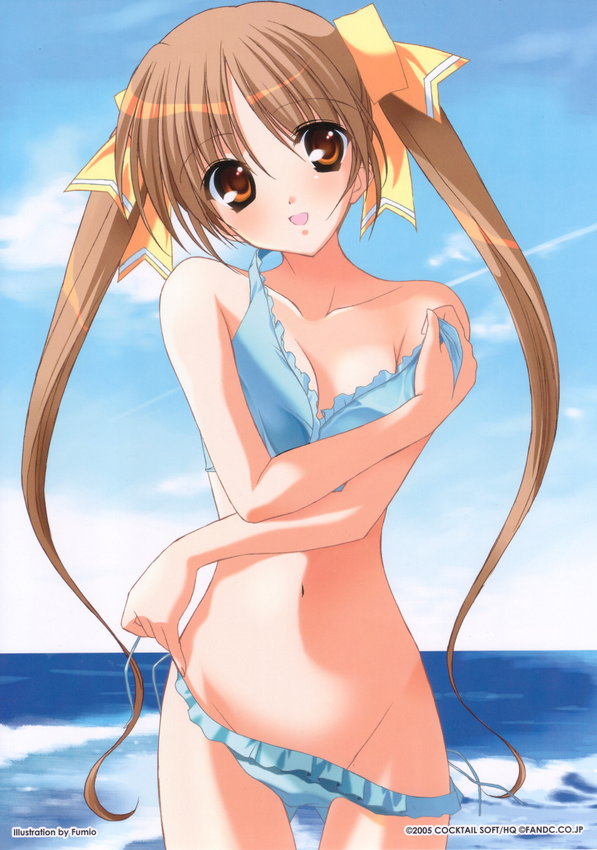 absurdres bikini blue_bikini brown_eyes brown_hair female fumio_(ura_fmo) groin hair_ribbon highres kunugi_ayano long_hair navel open_mouth pia_carrot_(series) pia_carrot_e_youkoso!!_g.o. ribbon solo swimsuit twintails undressing