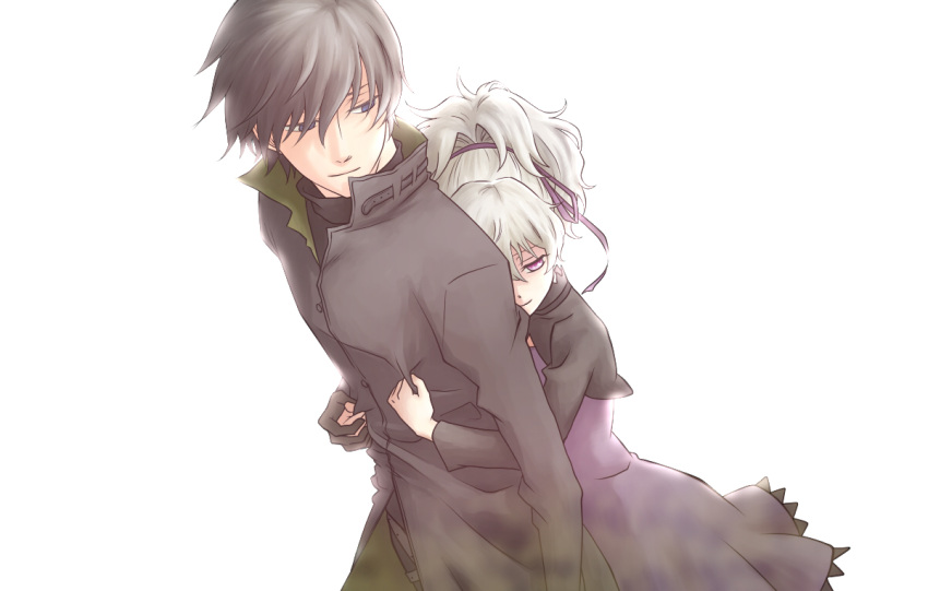 1boy black_hair blue_eyes commentary_request couple darker_than_black dress female gloves hei_(darker_than_black) hug hug_from_behind mamefuku purple_dress purple_eyes smile straight white_hair yin_(darker_than_black)