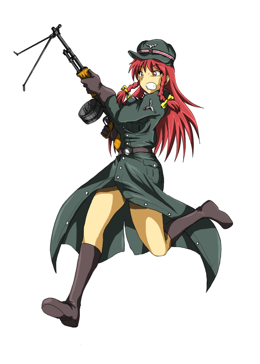 bad_id bad_pixiv_id boots braid drum_magazine female gun hat highres hong_meiling junkei light_machine_gun long_hair machine_gun magazine_(weapon) military red_eyes red_hair rpd solo touhou twin_braids weapon