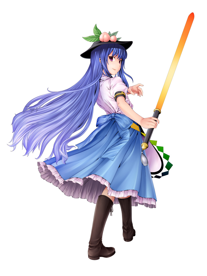 absurdres bad_id bad_pixiv_id blue_hair boots captain_freedom female food fruit full_body hat highres hinanawi_tenshi long_hair looking_back peach purple_eyes solo sword sword_of_hisou touhou transparent_background weapon