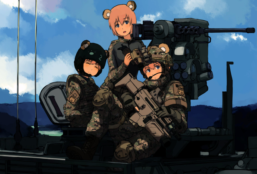 3girls animal_ears armored_vehicle assault_rifle bad_id bad_pixiv_id battle_rifle bear_ears bear_girl boots bottle brown_hair browning_m2 bullet bulletproof_vest camouflage combat_helmet eotech fn_scar gloves green_gloves grenade_launcher ground_vehicle gun heavy_machine_gun helmet highres holding holding_bottle holding_weapon knee_pads machine_gun military military_uniform multiple_girls night_vision_device optical_sight original rifle shibafu_(glock23) short_hair smile stryker trigger_discipline underbarrel_grenade_launcher uniform weapon woodland_camouflage