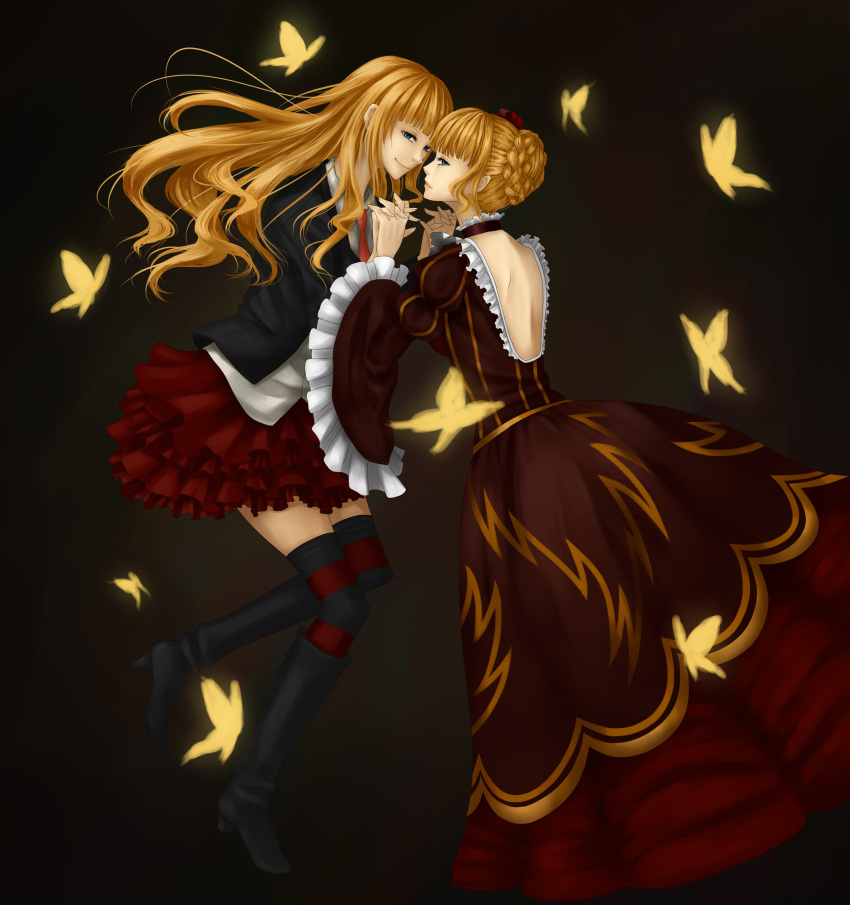 2girls aristocratic_clothes au beatrice_(umineko) blonde_hair blue_eyes boots bug butterfly commentary_request dress dual_persona highres holding_hands interlocked_fingers long_hair multiple_girls necktie photoshop_(medium) skirt thighhighs umineko_no_naku_koro_ni yellow_butterfly zettai_ryouiki