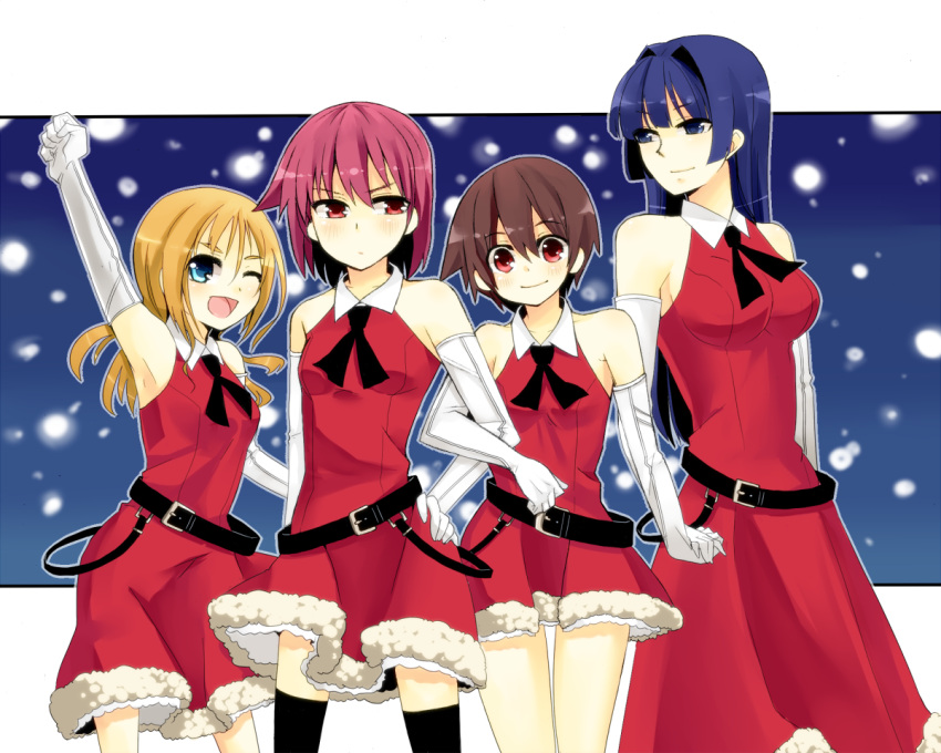 4girls arm_hug belt black_thighhighs blonde_hair blue_eyes blue_hair blush brown_hair christmas commentary_request dress elbow_gloves gloves halterneck hand_on_own_hip hirose_sumire holding_hands kusugaya long_hair miyanaga_saki miyanaga_teru multiple_girls one_eye_closed oohoshi_awai red_eyes red_hair saki_(manga) santa_costume short_hair thighhighs white_gloves zettai_ryouiki