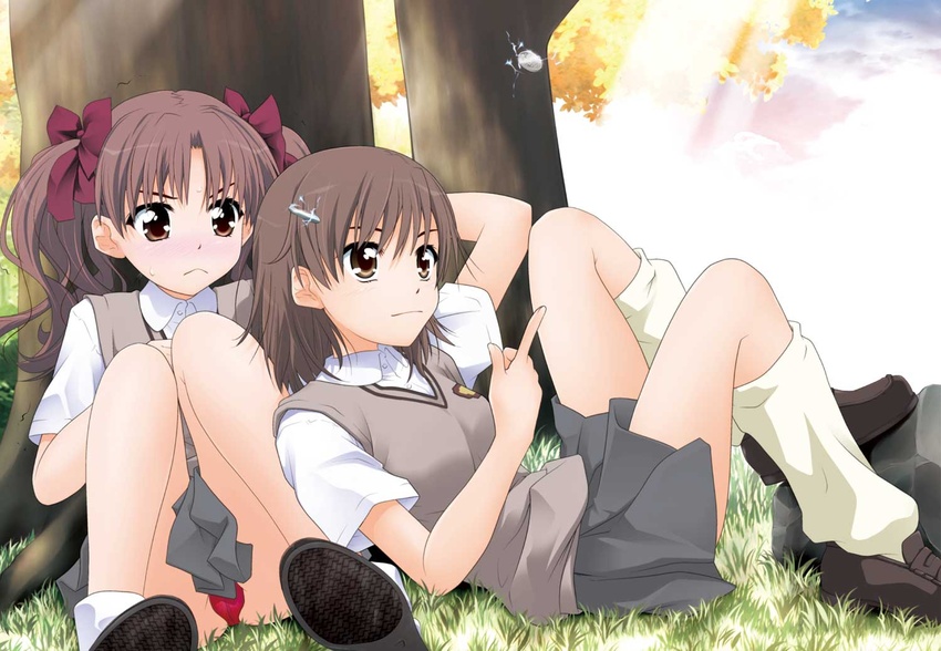 2girls blush brown_hair coin commentary_request electricity electrokinesis goyacchi hair_ornament hairclip jpeg_artifacts misaka_mikoto multiple_girls panties red_panties school_uniform shirai_kuroko short_hair skirt toaru_kagaku_no_railgun toaru_majutsu_no_index tokiwadai_school_uniform twintails underwear