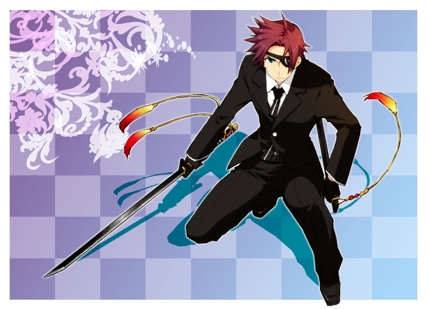 1boy alternate_costume asbel_lhant asbel_lhant_(eyepatch_+_black_suit) bad_id bad_pixiv_id blue_eyes brown_hair checkered_background eyepatch male_focus official_alternate_costume solo sword tales_of_(series) tales_of_graces tktg tuxedo weapon