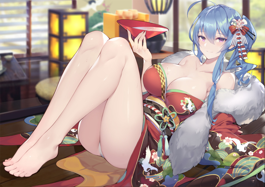 ahoge alcohol ass azur_lane bare_legs bare_shoulders barefoot blue_hair blush bow breasts calder cleavage closed_mouth collarbone commentary cup feet female hair_ornament hairbow hairpin japanese_clothes kimono knees_up large_breasts leaning_back legs long_hair long_sleeves looking_at_viewer obi off_shoulder official_alternate_costume photoshop_(medium) purple_eyes red_bow sakazuki sake sash side_ponytail sidelocks sitting smile solo st._louis_(azur_lane) st._louis_(spirits_in_the_snow)_(azur_lane) wide_sleeves