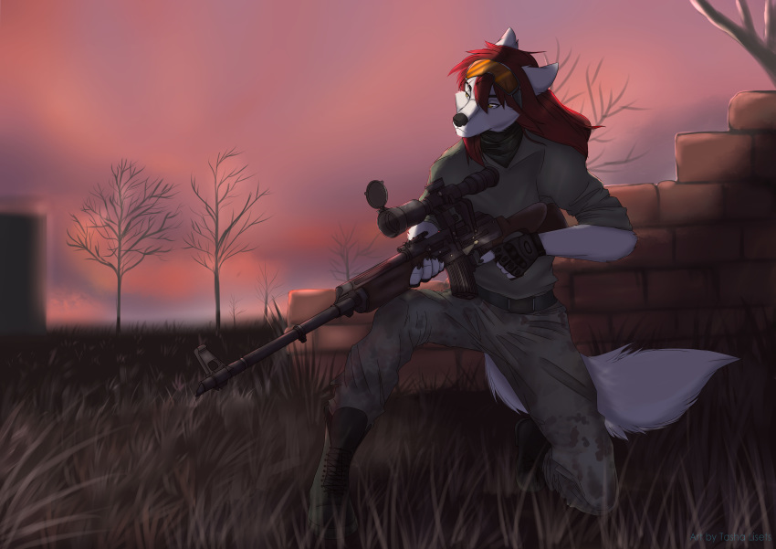 absurd_res anthro breasts canid canine canis claws clothed clothing detailed_background dragunov eyewear female fluffy fluffy_tail fur glasses gloves gun hair handwear hi_res holding_object holding_weapon mammal orange_eyes ranged_weapon red_hair rifle s.t.a.l.k.e.r. solo svd tail tashalisets weapon white_body white_fur wolf