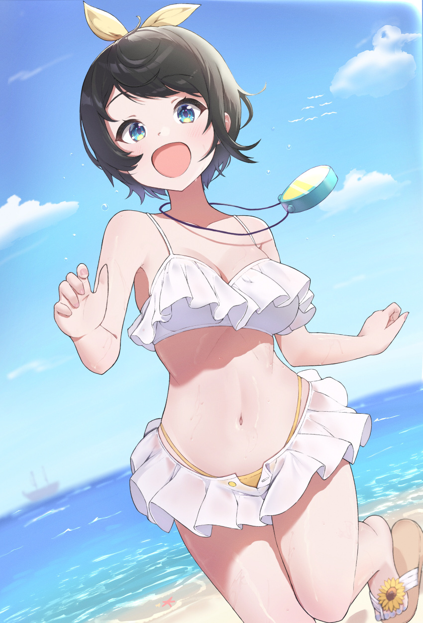 :d absurdres alternate_costume beach bikini black_hair blue_eyes blue_nails blue_sky blush breasts cleavage cloud cloudy_sky collarbone commentary_request day female foot_out_of_frame frilled_bikini frilled_skirt frills hair_ribbon hands_up highres hololive medium_breasts microskirt nail_polish navel oozora_subaru open_mouth outdoors pink_nails ribbon sandals shadow shiny_skin short_hair sidelocks skirt sky smile solo standing standing_on_one_leg stomach stopwatch stopwatch_around_neck swept_bangs swimsuit taraneko_miso thighs toenail_polish toenails virtual_youtuber wet white_bikini white_skirt yellow_bikini yellow_ribbon