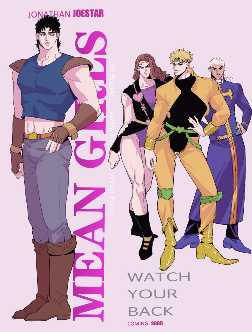 4boys armor birthmark black_hair blonde_hair boots brown_hair chinese_commentary commentary contrapposto crossdressing dark-skinned_male dark_skin derivative_work dio_brando ear_birthmark enrico_pucci fingerless_gloves gloves habit hand_on_own_hip heart high_heel_boots high_heels highres jacket jojo_no_kimyou_na_bouken jonathan_joestar knee_boots leotard long_hair male_focus mean_girls midriff multiple_boys navel parody pauldrons phantom_blood priest shoulder_armor spadelake stardust_crusaders vanilla_ice white_hair yellow_jacket