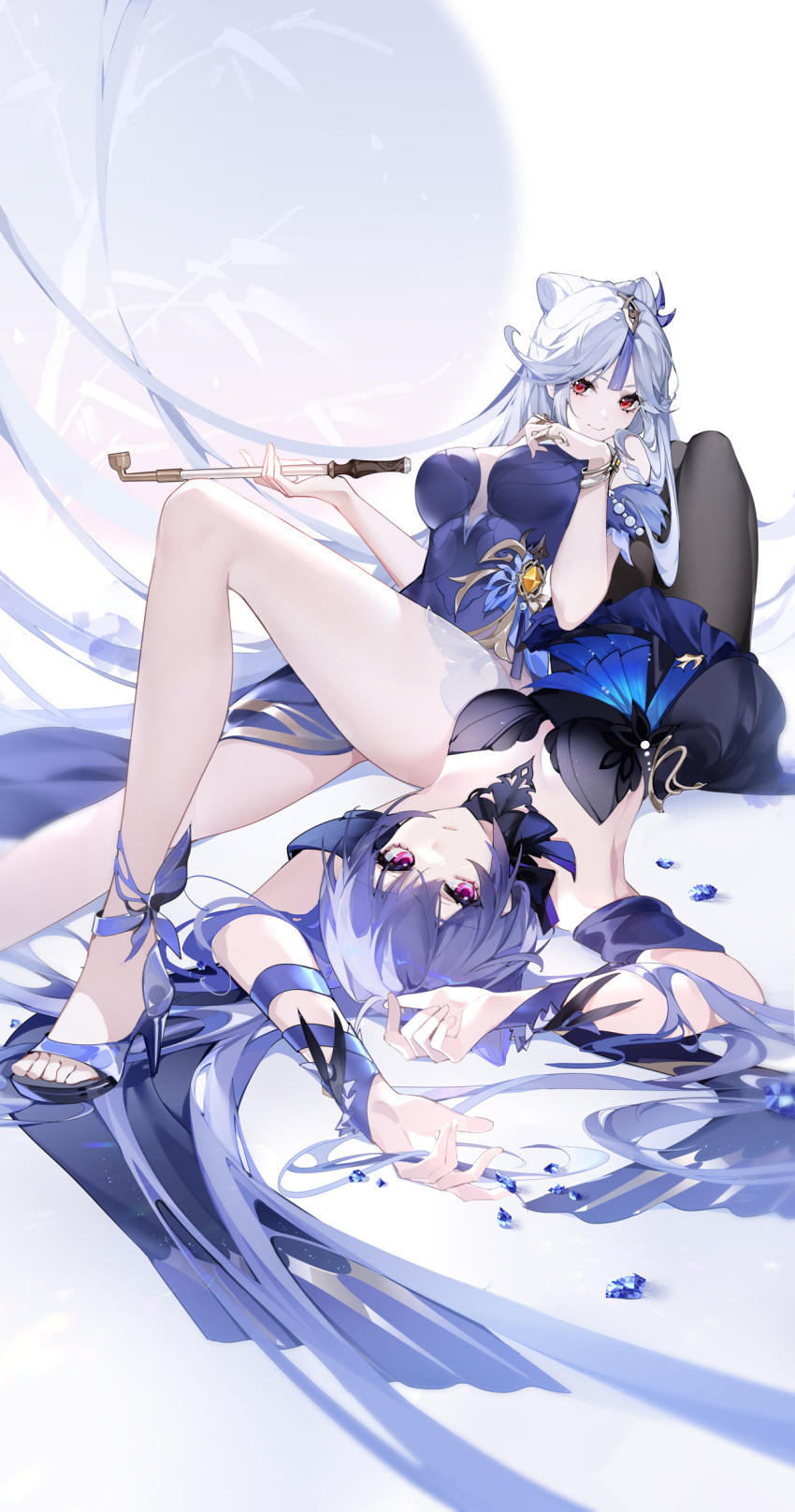 2girls absurdres armpits arms_up black_dress blue_collar blue_dress braid breasts brown_legwear collar cone_hair_bun double_bun dress feet genshin_impact hair_bun hair_ears hair_ornament hairpin high_heels highres holding holding_smoking_pipe keqing_(genshin_impact) keqing_(opulent_splendor)_(genshin_impact) large_breasts long_hair multicolored_clothes multiple_girls ningguang_(genshin_impact) ningguang_(orchid's_evening_gown)_(genshin_impact) official_alternate_costume official_alternate_hairstyle pantyhose purple_dress purple_eyes purple_hair side_slit smoking_pipe strapless strapless_dress tassel tassel_hair_ornament twintails two-tone_dress yu_jiu