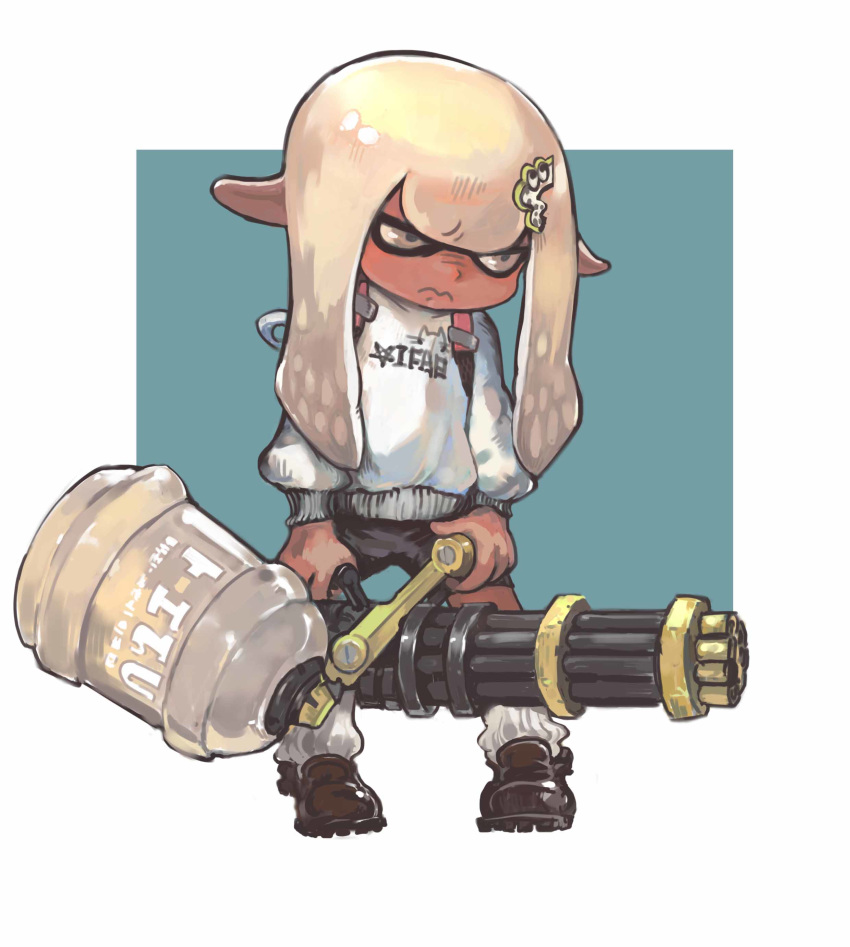 absurdres angry black_shorts brown_footwear catsila closed_mouth female frown full_body gatling_gun hair_ornament hairpin heavy_splatling_(splatoon) highres inkling inkling_girl inkling_player_character mask pointy_ears shirt shorts socks solo splatoon_(series) splatoon_2 tentacle_hair weapon white_eyes white_hair white_shirt