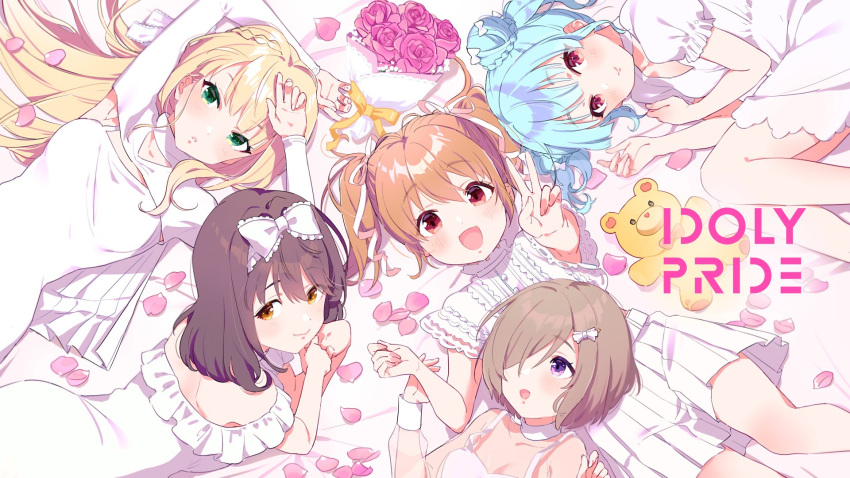 5girls black_hair blonde_hair blue_eyes blush bow braid brown_hair double_bun flower green_eyes hair_bun highres hyodou_shizuku ichinose_rei idoly_pride kawasaki_sakura_(idoly_pride) long_hair looking_at_viewer multiple_girls official_art open_mouth pink_flower pink_rose purple_eyes red_eyes rose saeki_haruko_(idoly_pride) shiraishi_chisa short_hair smile stuffed_animal stuffed_toy sunny_peace_(idoly_pride) teddy_bear twintails