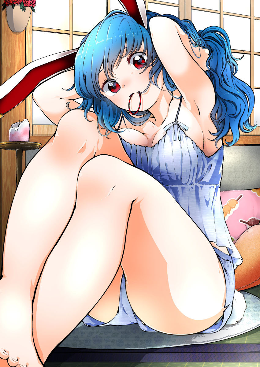 absurdres alternate_costume animal_ears armpits arms_up ass bare_legs barefoot blue_hair breasts commentary_request feet_out_of_frame female highres indoors kaisenpurin large_breasts long_hair rabbit_ears red_eyes seiran_(touhou) sitting solo toenails touhou