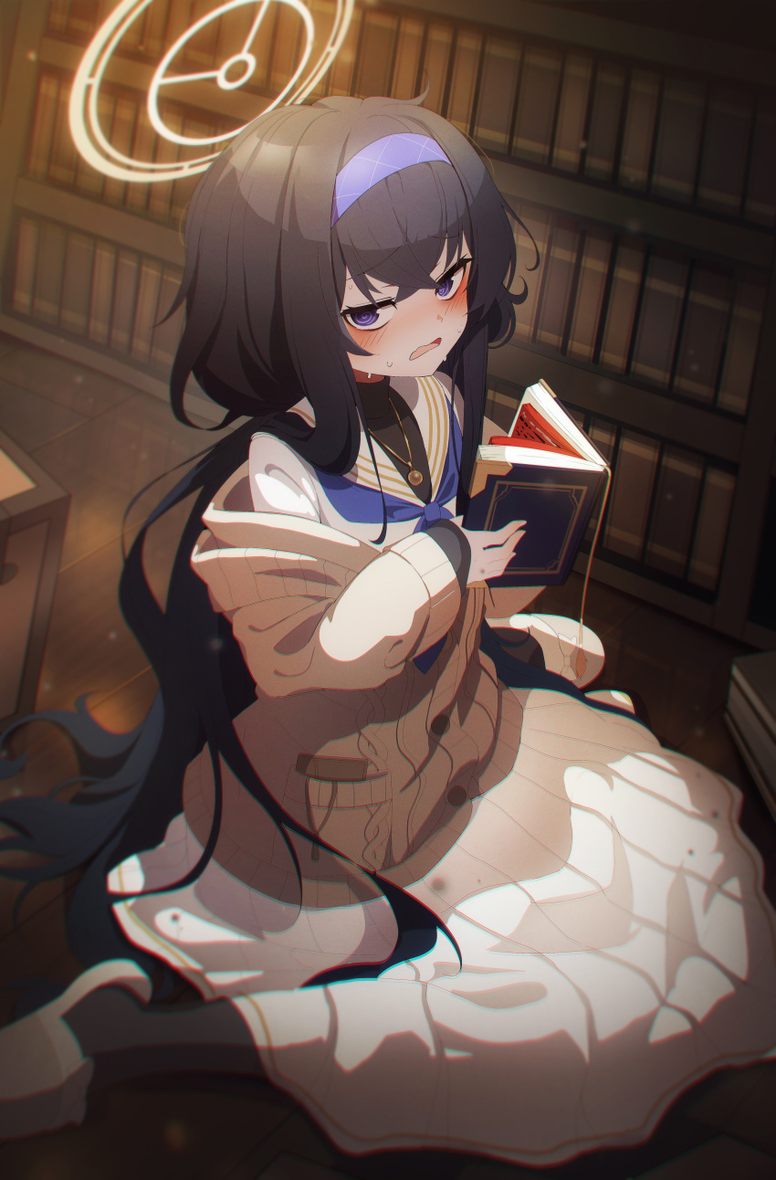 @_@ absurdres bad_id bad_pixiv_id bags_under_eyes black_hair blue_archive blue_neckerchief blush book bookshelf cardigan clothing_request commentary crossed_bangs female hairband halo highres holding holding_book indoors korean_commentary liyom long_hair long_skirt long_sleeves looking_at_viewer neckerchief open_book open_mouth purple_eyes sailor_collar shirt sitting skirt sleeves_past_wrists slippers solo sweat ui_(blue_archive) very_long_hair wariza wavy_mouth white_shirt