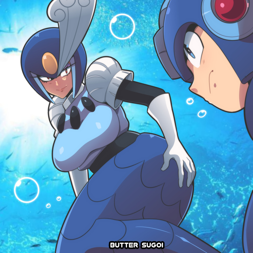 1boy air_bubble artist_name blue_hair breasts bubble butter_sugoi female frown gloves hand_on_own_ass helmet highres large_breasts mega_man_(character) mega_man_(classic) mega_man_(series) mega_man_9 mermaid monster_girl photo_background red_hair splash_woman underwater white_gloves