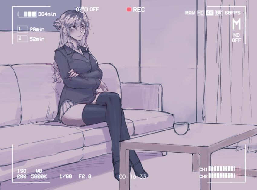 arms_under_breasts battery_indicator black_thighhighs blush breasts buttons coffee coffee_mug coffee_table commentary couch crossed_legs cup dangodes english_commentary female grey_eyes grey_hair hair_between_eyes hair_bun high_heels highres indoors jacket lapels long_hair miniskirt mug muted_color notched_lapels on_couch original parted_lips pleated_skirt recording shirt single_hair_bun single_side_bun sitting skirt solo suit_jacket table thighhighs viewfinder white_hair white_shirt white_skirt zettai_ryouiki