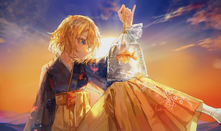 animal_print bag blonde_hair blue_eyes blue_kimono blush bob_cut cloud female fish fish_print from_side goldfish goldfish_print hakama hakama_skirt highres holding holding_bag hololive hololive_english japanese_clothes kimono looking_down official_alternate_costume orange_skirt quasarcake sitting skirt sky solo sunrise virtual_youtuber watson_amelia watson_amelia_(new_year)